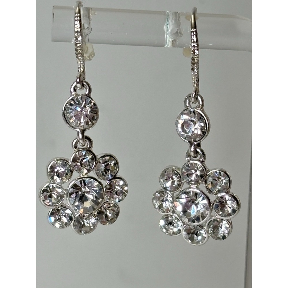 Silver Tone Bezel Set Rhinestone Flower Dangle Earrings